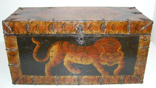 Appraisal: Artist Tibetan Title Canvas-covered Wood Monk's Chest with Tiger Images