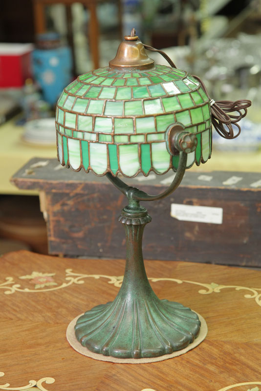 Appraisal: BOUDOIR LAMP Green leaded and slag glass shade on a