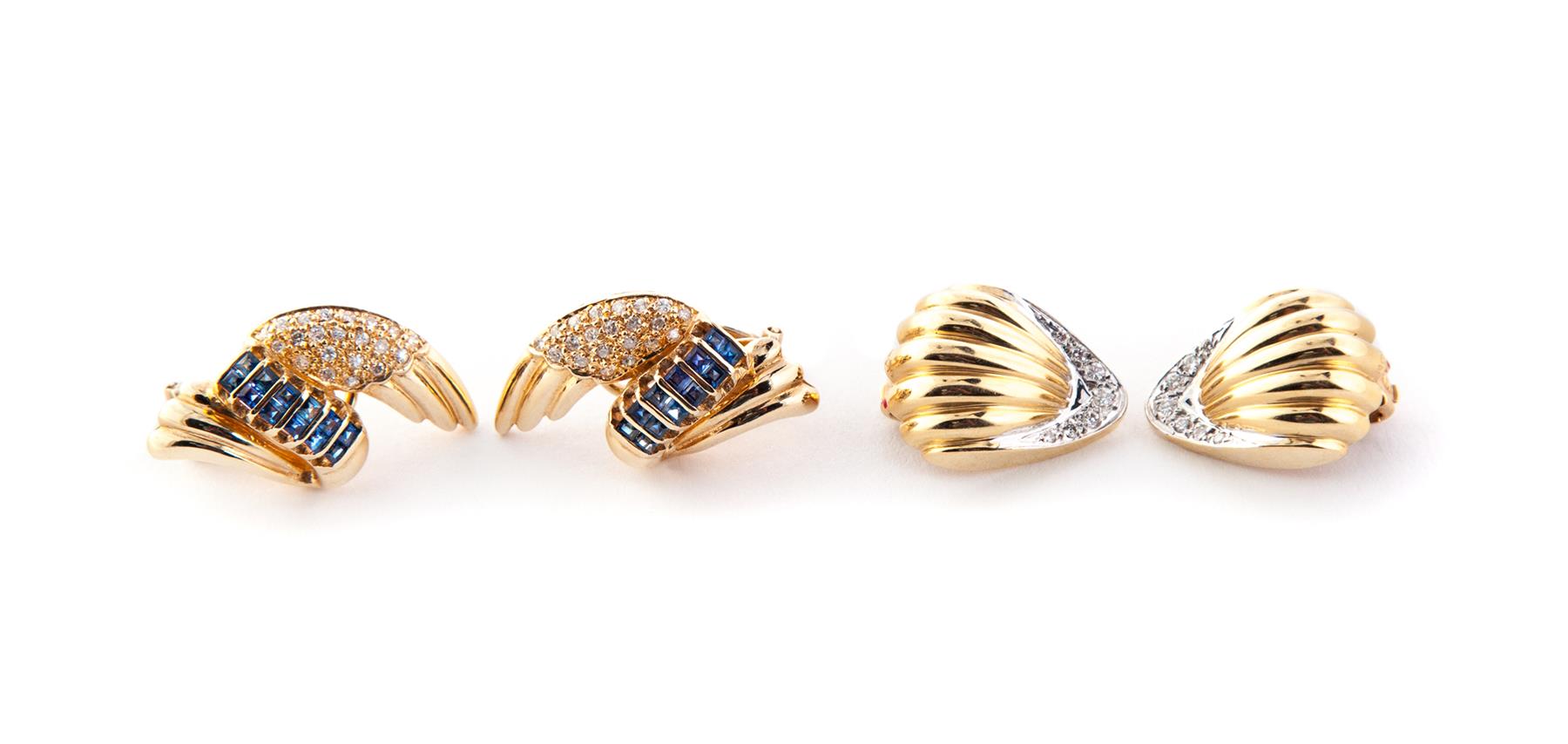 Appraisal: TWO PAIRS OF GOLD AND DIAMOND EARRINGS ONE WITH SAPPHIRES