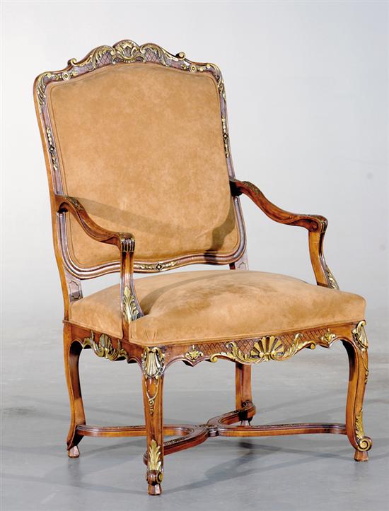 Appraisal: Louis XV style fruitwood armchair arched and padded back with