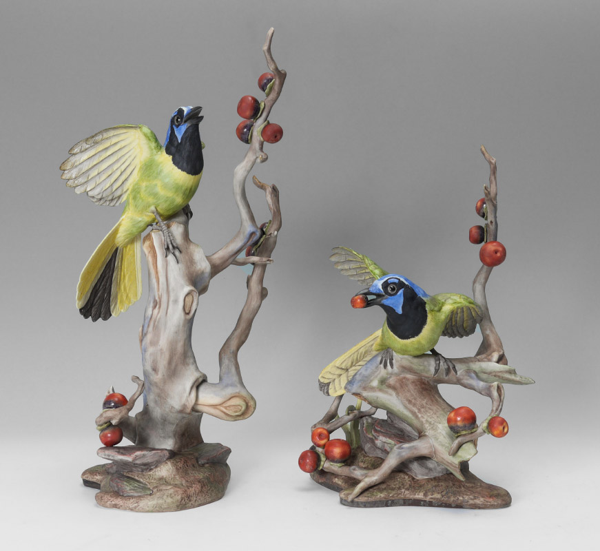 Appraisal: PAIR LARGE BOEHM PORCELAIN BIRD SCULPTURES Green Jays One measures