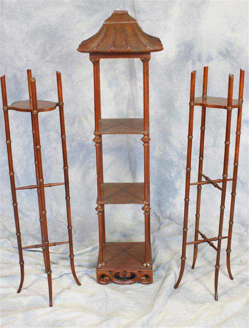 Appraisal: Pagoda form mahogany curio shelf with bamboo turned pedestals tallest