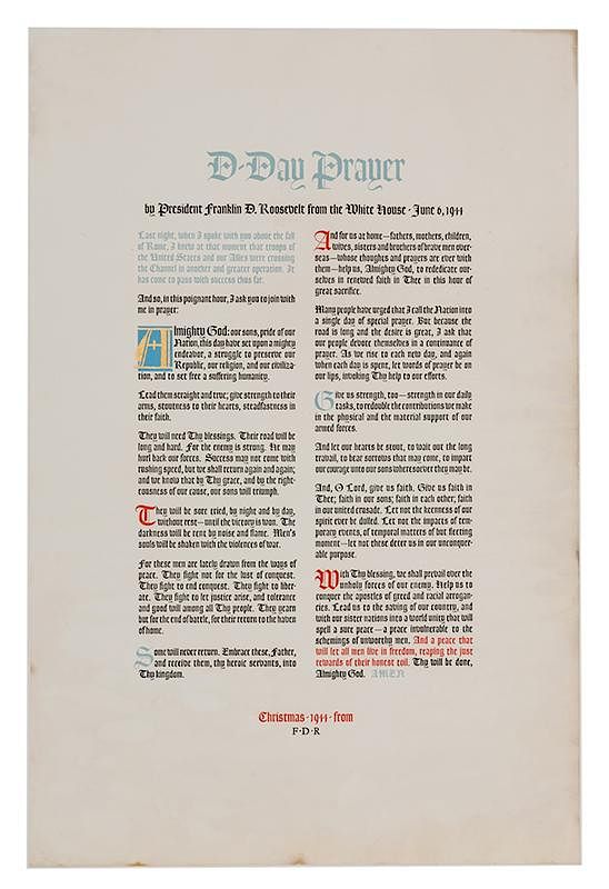 Appraisal: FDR D-Day Prayer Christmas Broadside Roosevelt Franklin Delano FDR D-Day