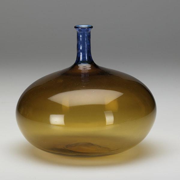 Appraisal: VENINI Bottle-shaped vase with amber body and blue neck Etched