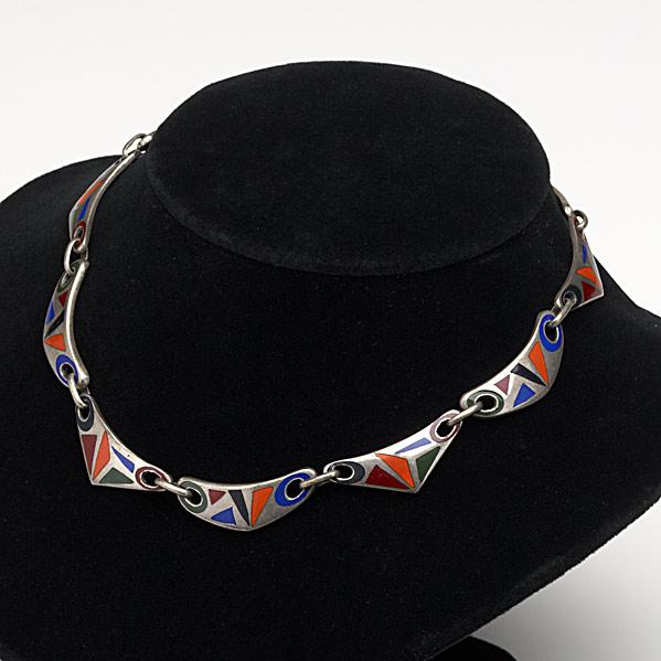 Appraisal: KALOSilver and enamel necklace c Stamped HANDWROUGHT STERLING KALOTotal length