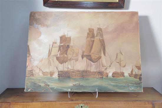 Appraisal: WATERCOLOR PAINTING Depicting a naval battle Signed ''J Sadler'' lower