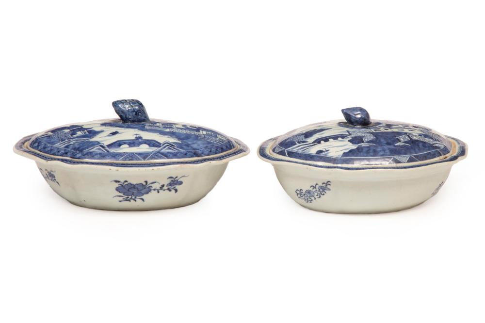 Appraisal: Two Chinese Export Blue and White Porcelain Covered Vegetable Tureens