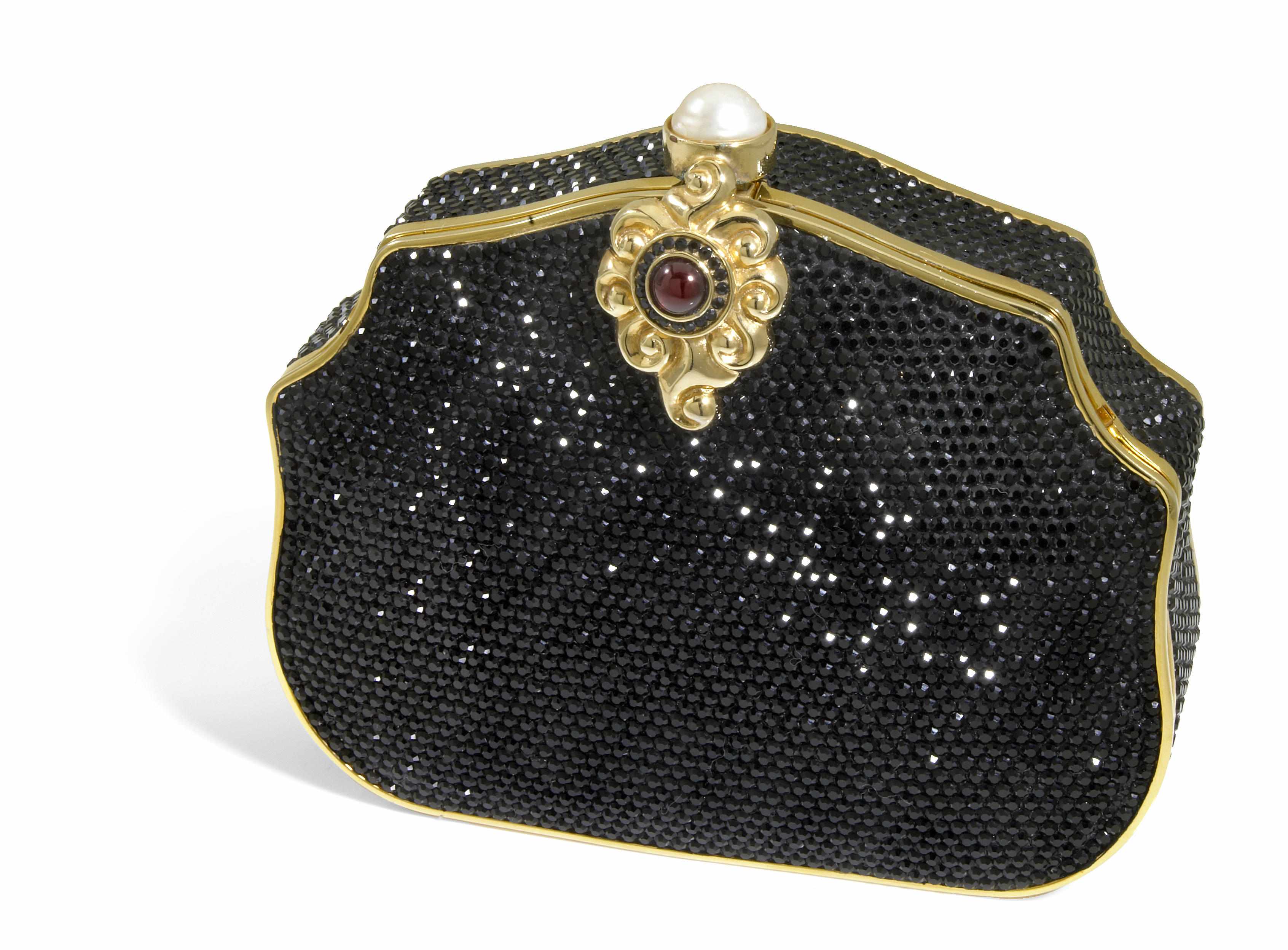 Appraisal: A black crystal scalloped purse with gold colored metal detailing