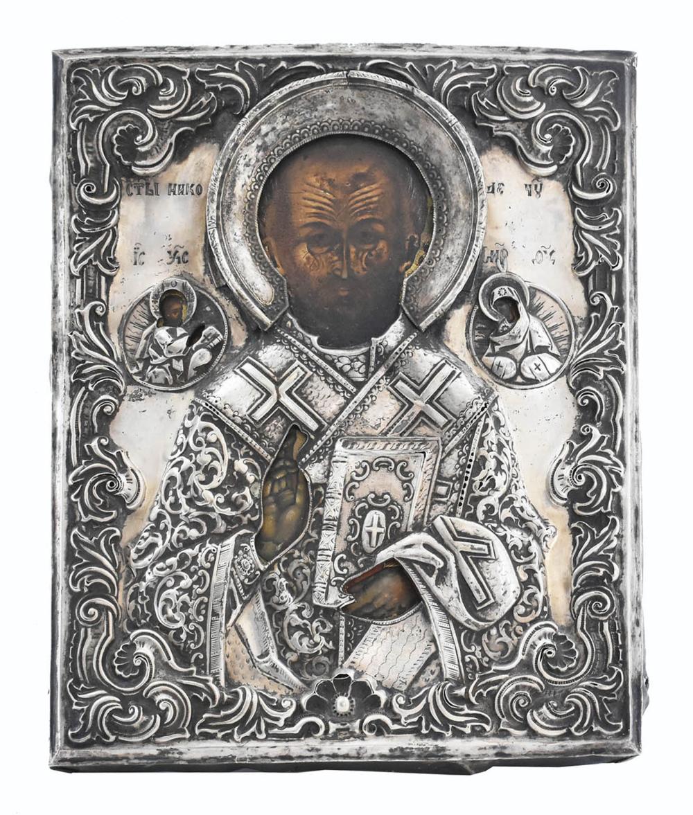 Appraisal: RUSSIAN ICON OF SAINT NICHOLAS WITH SILVER OKLADLate th Century