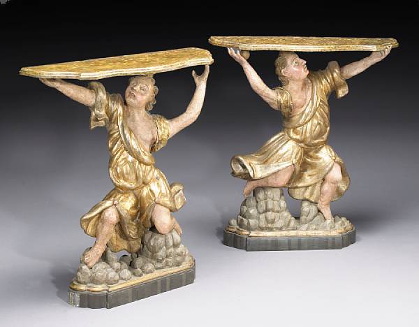 Appraisal: An unusual pair of Italian figural painted console tables angels