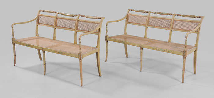 Appraisal: Pair Sheraton Style Paint-Decorated Caned Settees British late th early