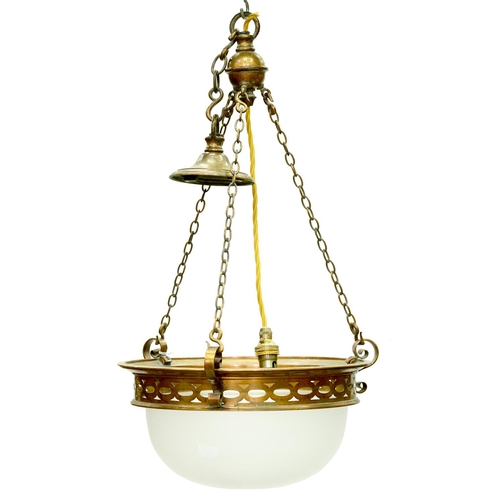 Appraisal: A lacquered brass hanging light with frosted glass bowl c