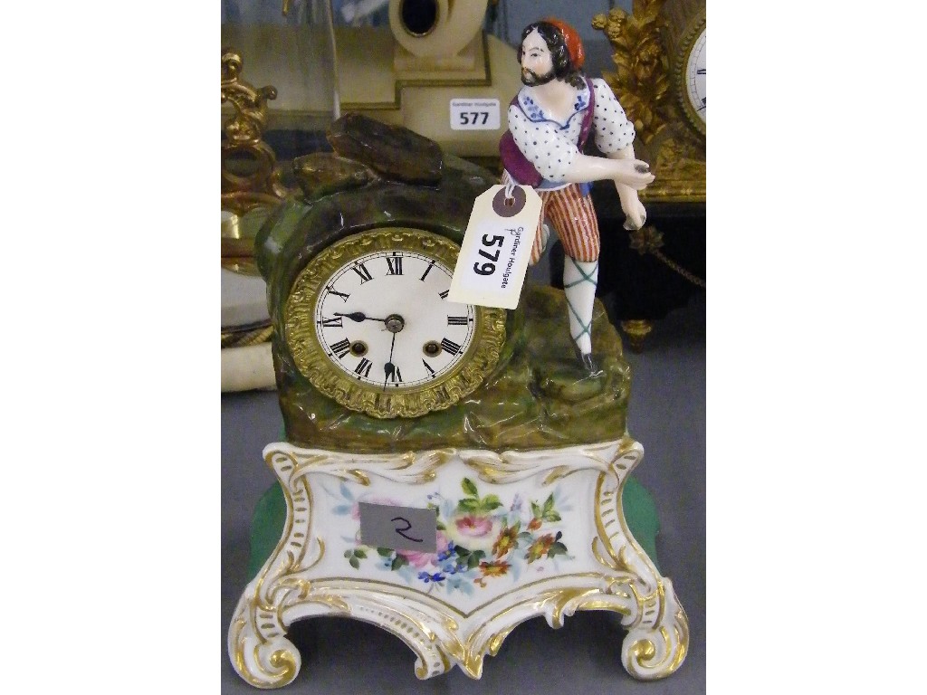 Appraisal: French painted pottery drumhead two train mantel clock the tick