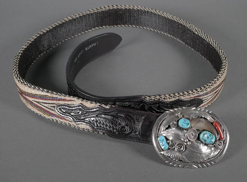 Appraisal: Native American sterling silver belt buckle with coral and turquoise