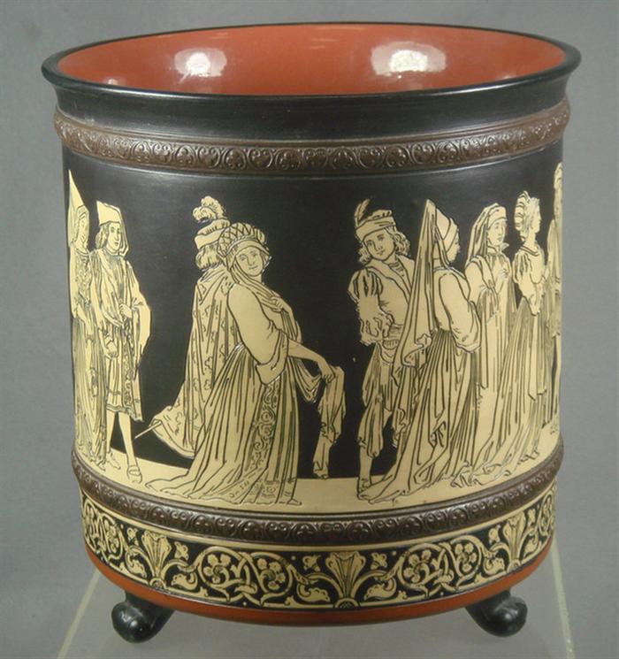 Appraisal: Mettlach flower pot etched Etruscan group design h d no