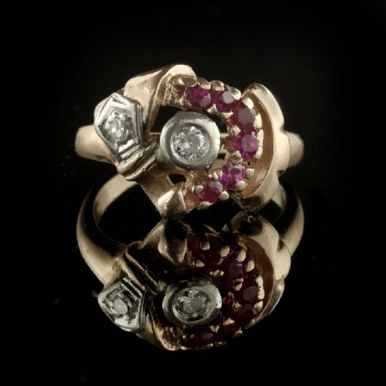 Appraisal: Retro Moderne Eighteen-Karat Rose Gold Ruby and Diamond Lady's Ring