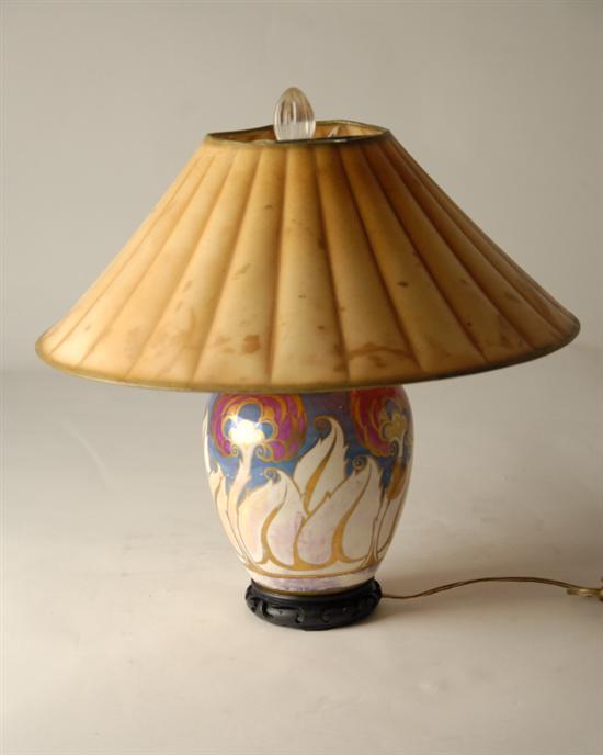 Appraisal: A Glass Vasiform Table Lamp stylized foliates in red and