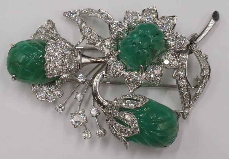 Appraisal: JEWELRY CARVED EMERALD DIAMOND AND KT GOLD Brooch Art Deco