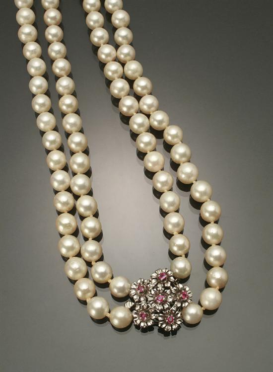 Appraisal: Choker Length Cultured Pearl and Pink Sapphire Necklace Knotted The