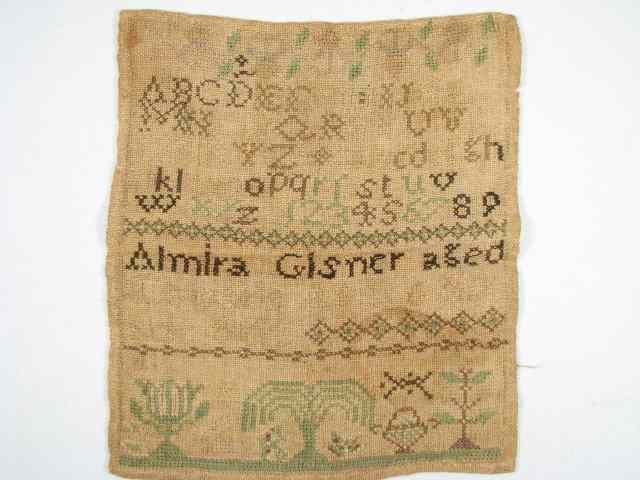 Appraisal: Early th century alphabet needlepoint sampler Front reads ''Almira Gisner