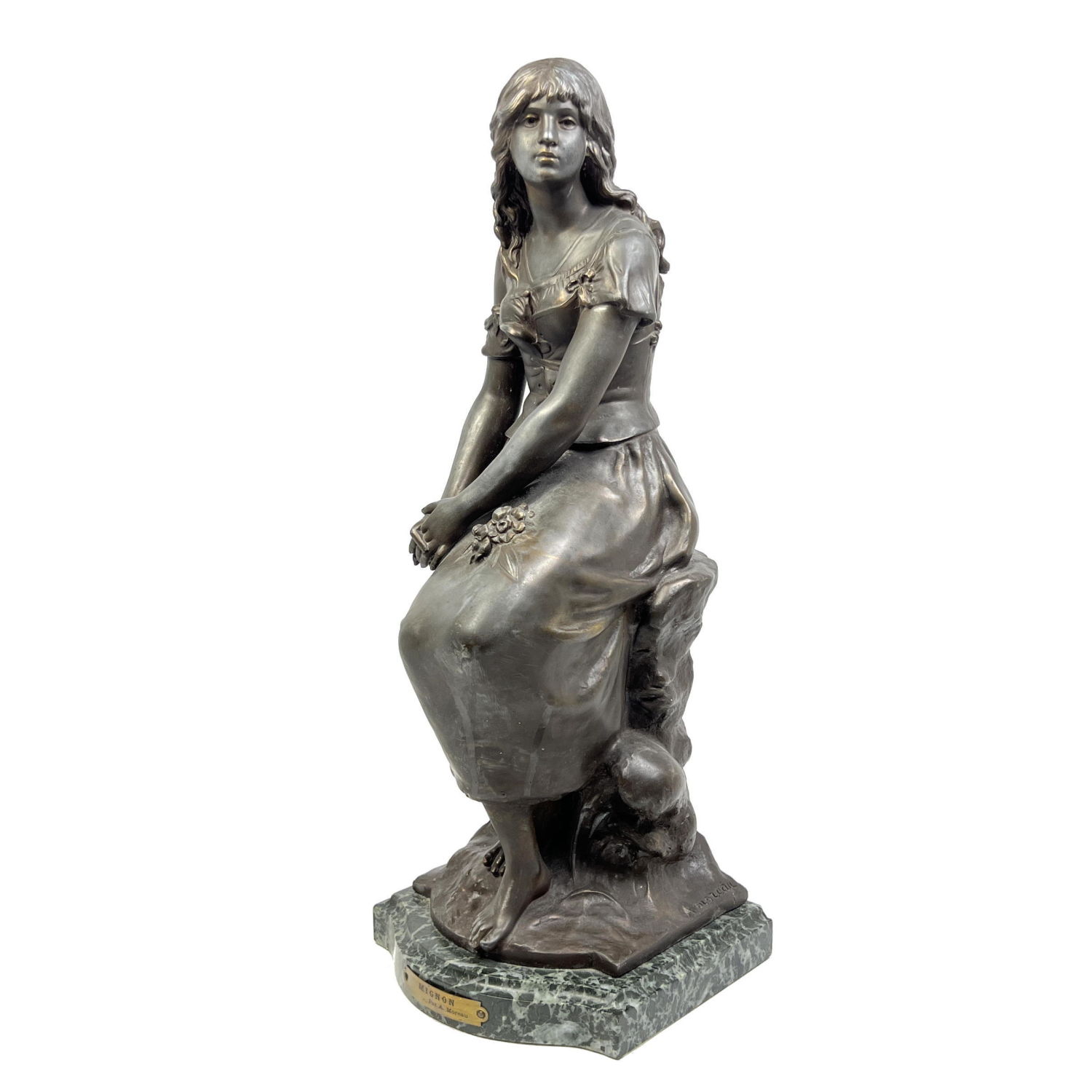 Appraisal: French style metal Figural Sculpture Seated young girl with floral