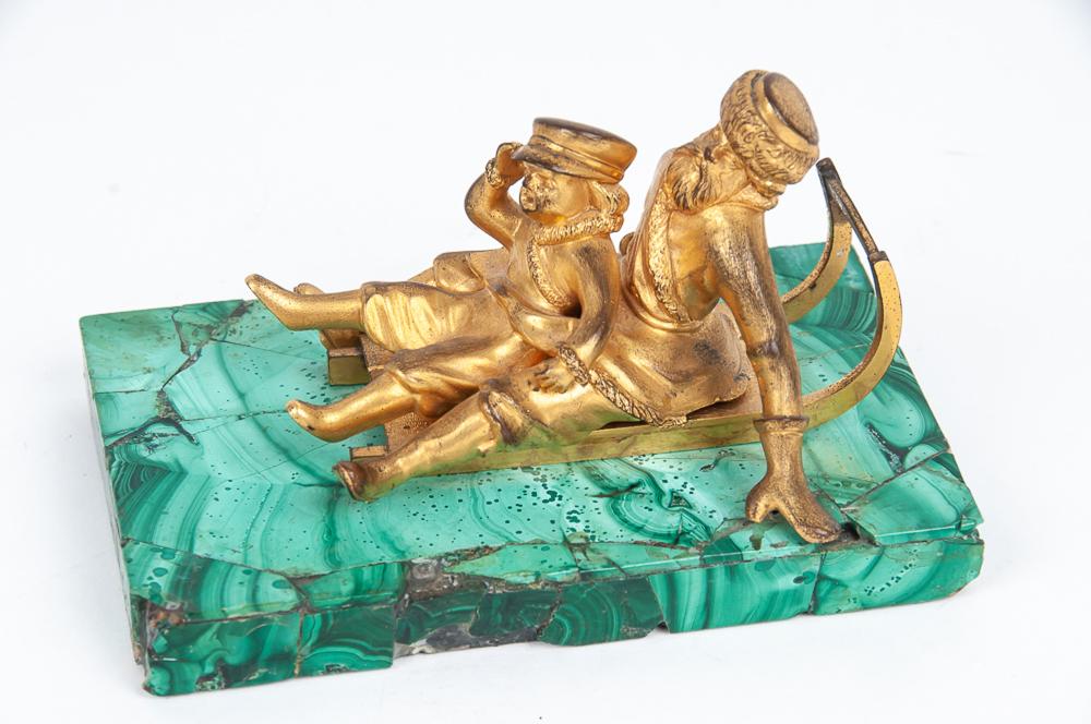 Appraisal: RUSSIAN GILT BRONZE MALACHITE FIGURE inches wide inches high Condition