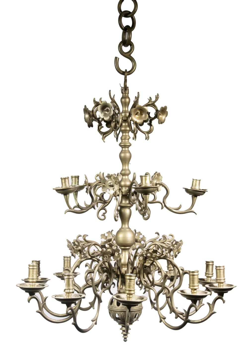 Appraisal: TH C SOLID DUTCH BRASS CHANDELIER Three-Tiered Chandelier with turned