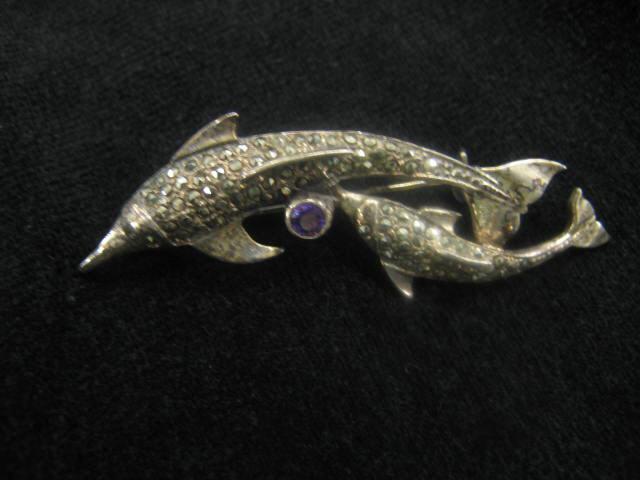 Appraisal: Marcasite Sterling Silver Dolphin Brooch two dolphins rich amethyst gem