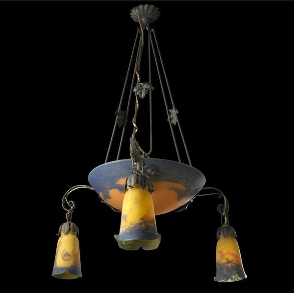 Appraisal: MULLER FRERES Chandelier with orange and blue mottled glass bowl