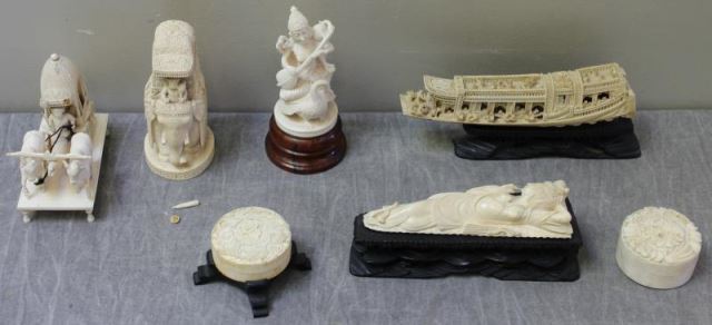 Appraisal: Antique Vintage Asian Carved Lot Includes a reclining woman on