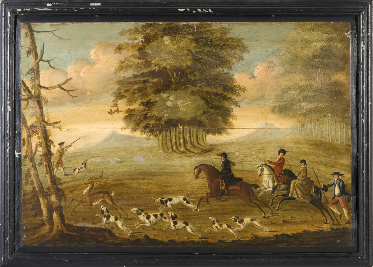 Appraisal: PAINTED FIREBOARD PANEL WITH SCENE OF A STAG HUNT IN