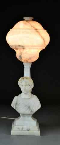 Appraisal: Large Alabaster Figural Lamp and ShadeHaving alabaster bowl-shaped shade atop