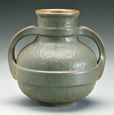 Appraisal: Fulper Pottery urn banded strap openwork handles matte olive green