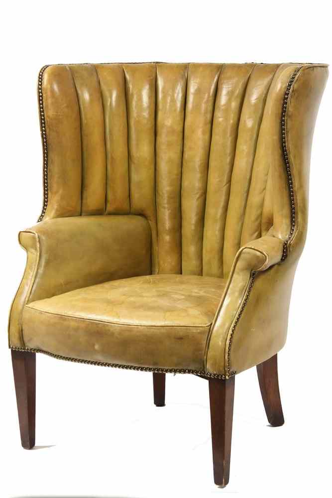 Appraisal: LEATHER BUTLER'S CHAIR - Golden Green Leather Butler's Chair with