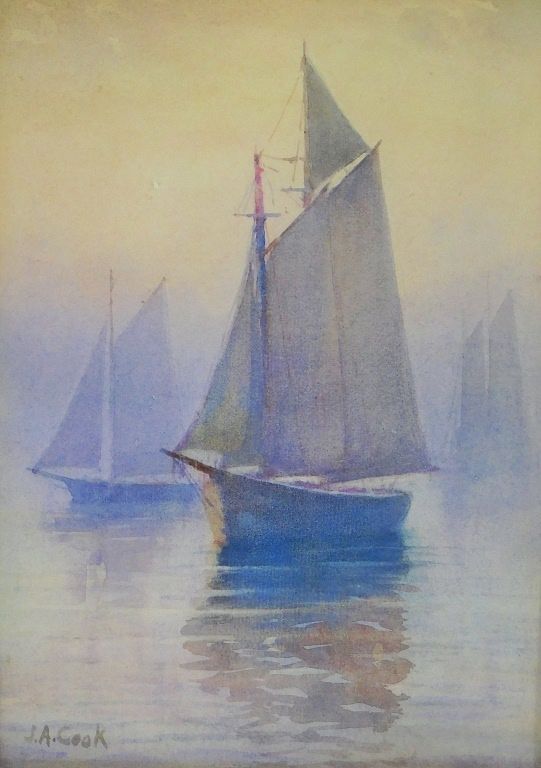 Appraisal: John A Cook Nocturnal Misty Sailboat WC Painting John A