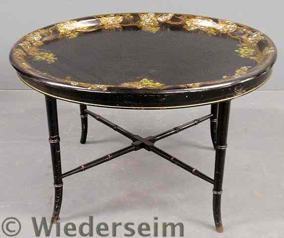 Appraisal: Victorian oval tray top papier-m ch table with extensive gilt