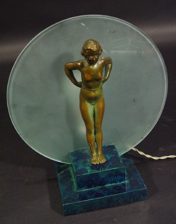 Appraisal: Art Deco figural spelter table lamp on a blue marblised