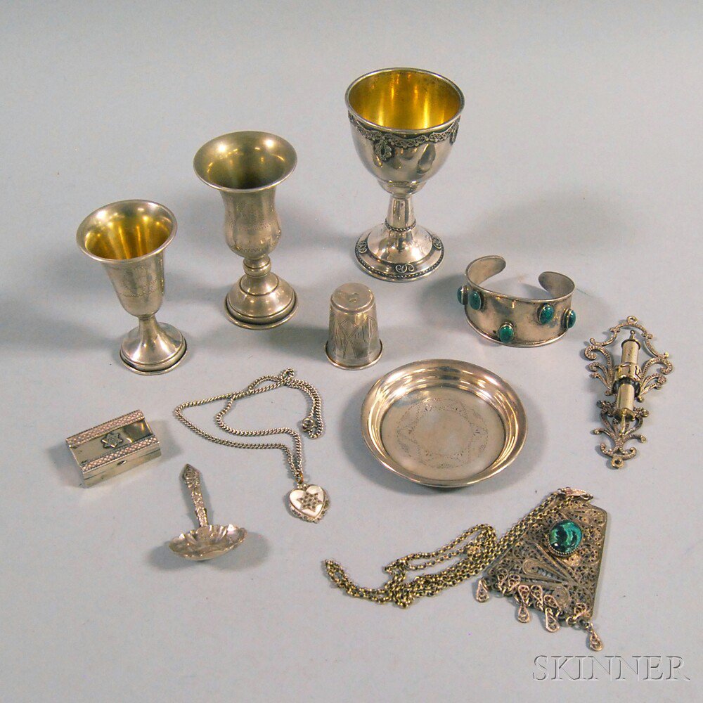 Appraisal: Group of Judaic Silver Articles including Kiddush cups a mezuzah