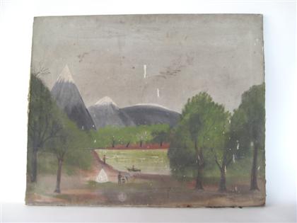 Appraisal: AMERICAN SCHOOL - FOLK ART CAMPING AND FISHING SCENE th