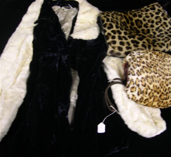 Appraisal: Textiles black velvet with white fur coat a leopard skin