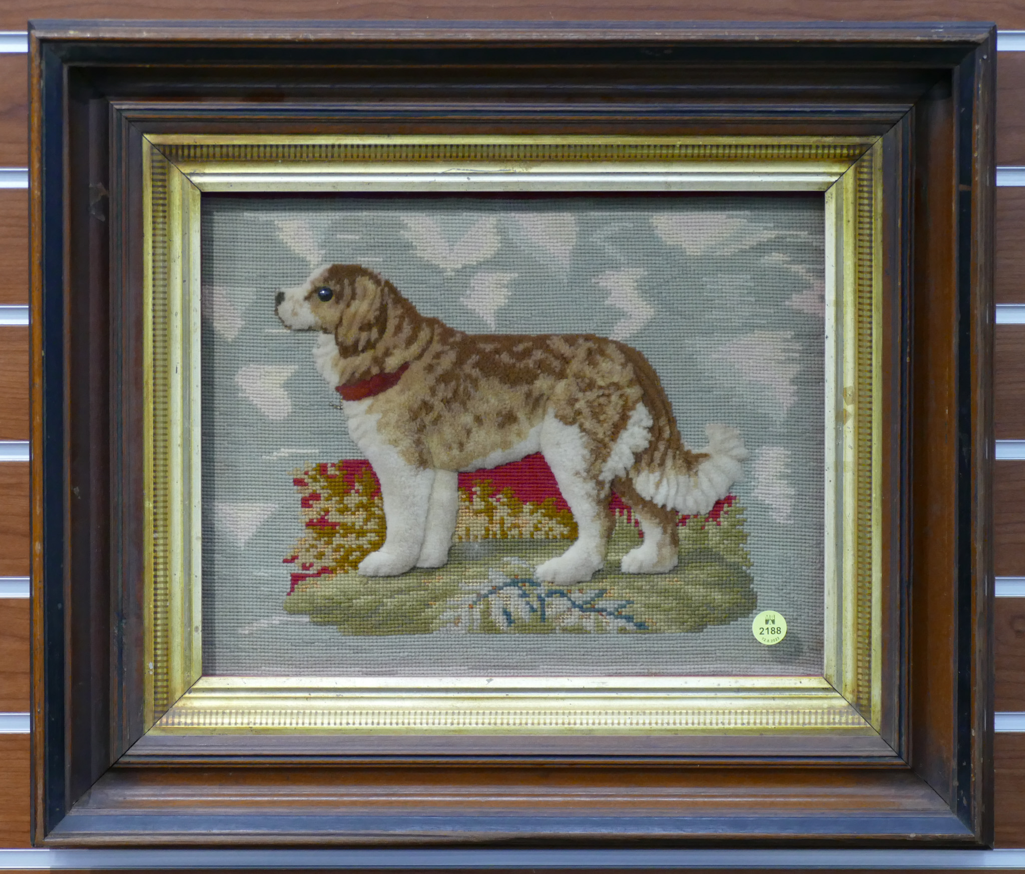 Appraisal: Victorian Dog Needlework Relief Framed- x ''