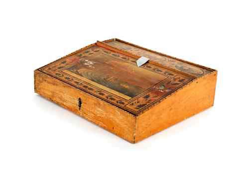 Appraisal: Painted maple sewing box ca the lid with printed View