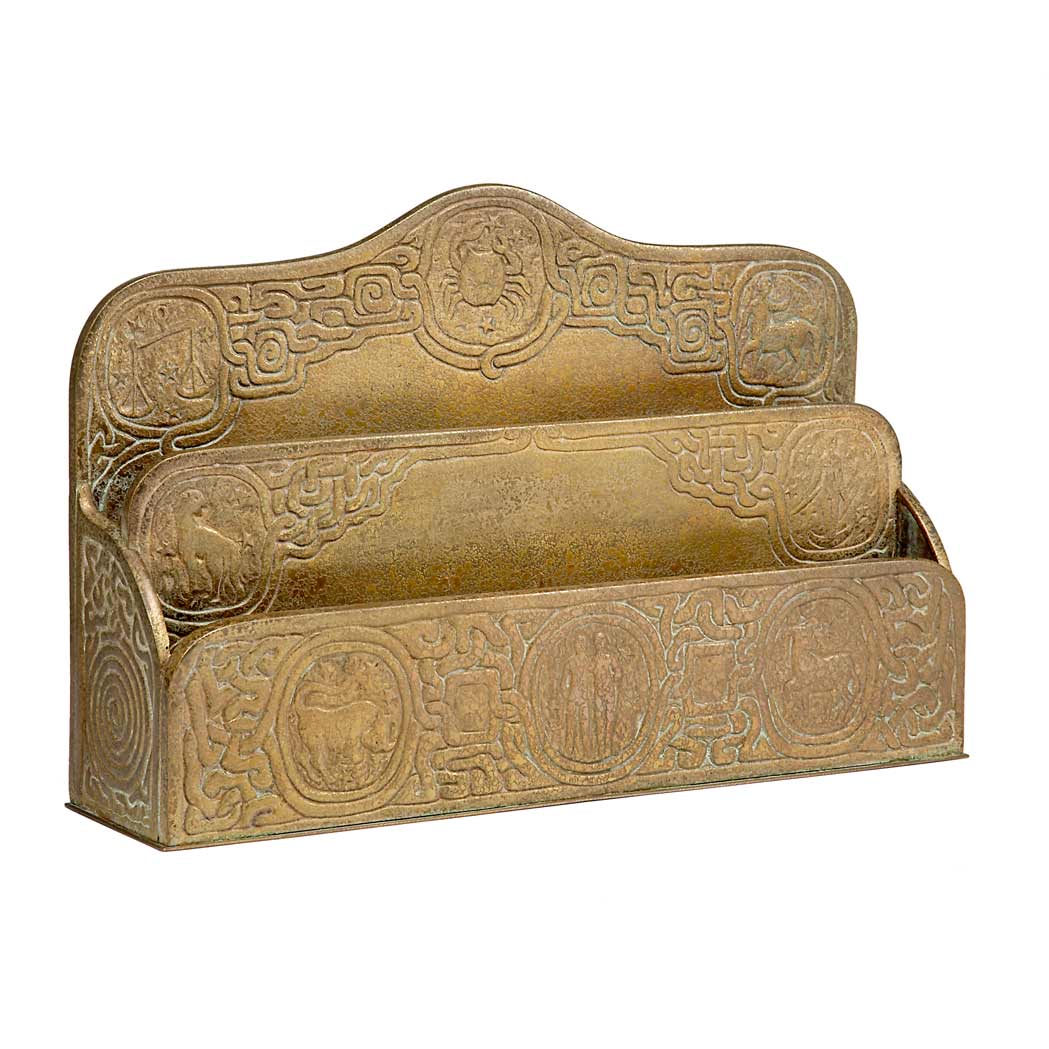 Appraisal: Tiffany Studios Gilt-Bronze Two-Tier Paper Rack In the Zodiac pattern