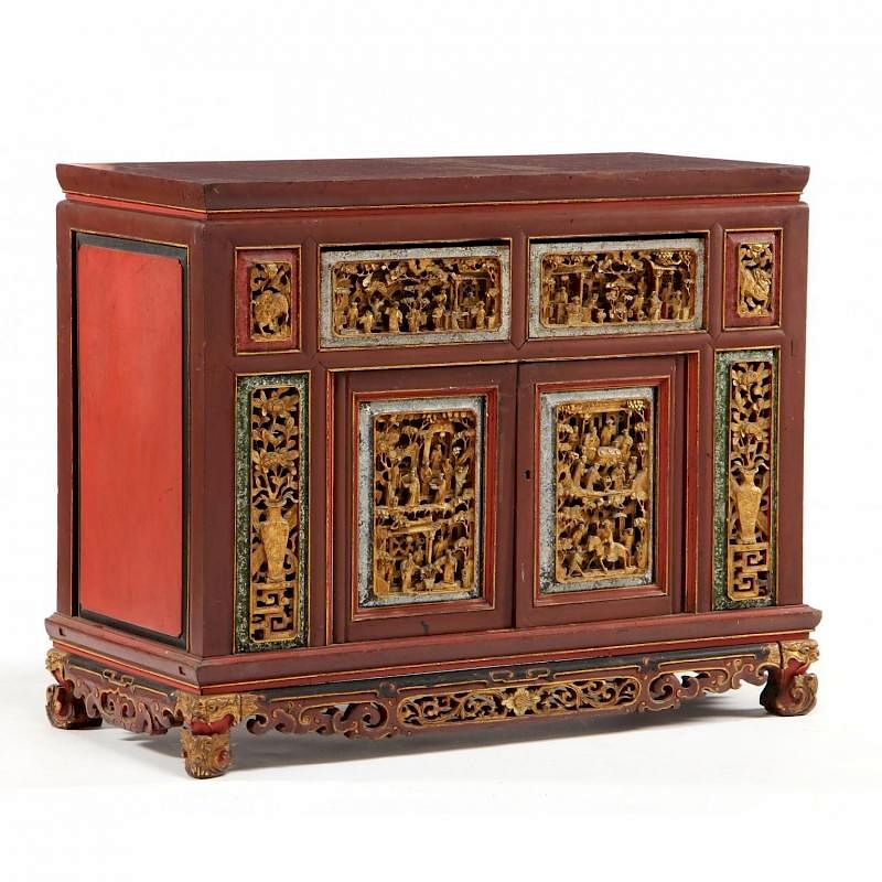 Appraisal: Chinese Carved Gilt and Lacquered Low Cabinet th century rectangular