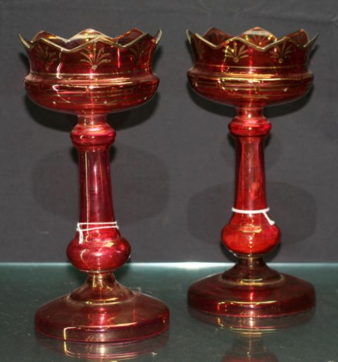 Appraisal: Pair of Victorian cranberry glass lustres vases in gilded decoration