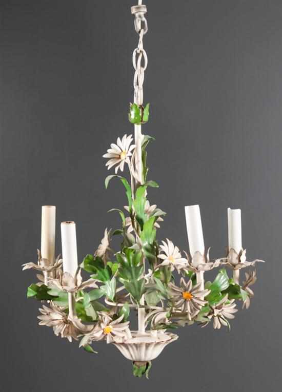 Appraisal: French painted metal five-light chandelier th century with daisy and