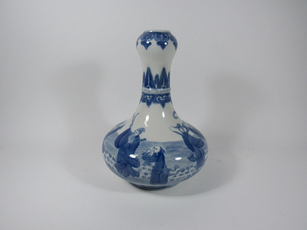 Appraisal: Blue and White Garlic Mouth Vase Painted with immortals Possibly