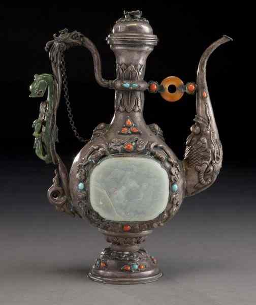 Appraisal: Chinese-Mongolian silver libation pot mounted with turquoise and coral beads