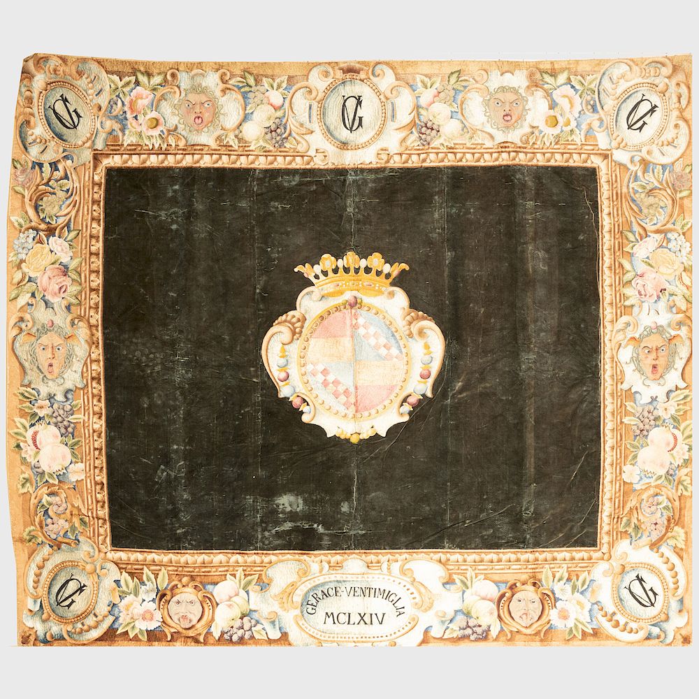 Appraisal: Continental Silk and Velvet Armorial Tapestry Continental Silk and Velvet