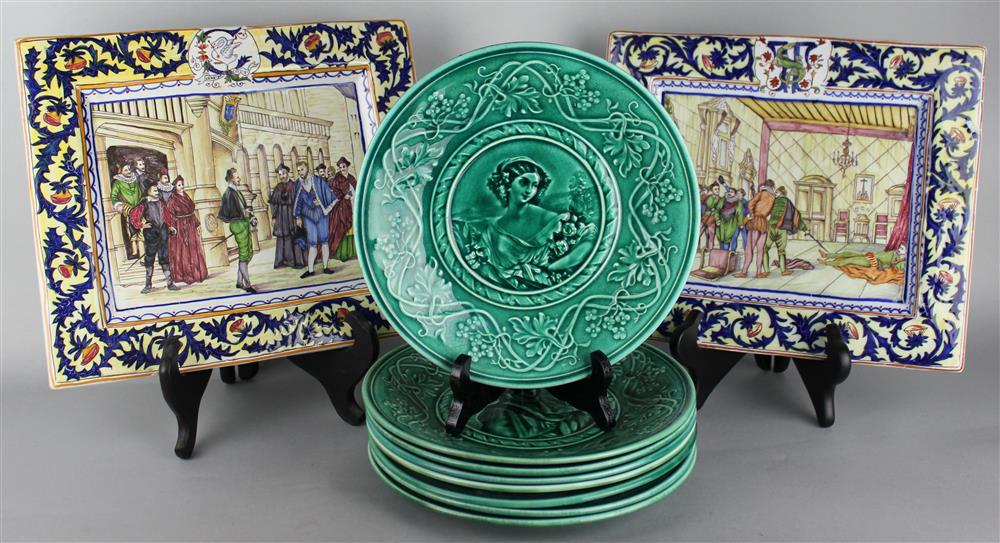 Appraisal: EIGHT GREEN PLATES POSSIBLY REGAL SANEJOUAND ALONG WITH TWO FAIENCE